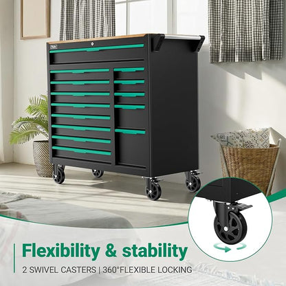 14-Drawers Rolling Tool Chest with Wood Workbench,Brake Casters,Lock & Key,Heavy-Duty Steel Tool Cabinet Storage, for Home,Garbge or Workshop Use (14 Drawers)