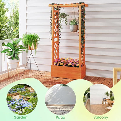 S AFSTAR Raised Garden Bed with Trellis, 2 Pieces Wood Planter Box with Hanging Roof & Drainage Holes for Climbing Plants, Vines, Flowers & Vegetables, Indoor Outdoor Plant Container for Patio & Yard