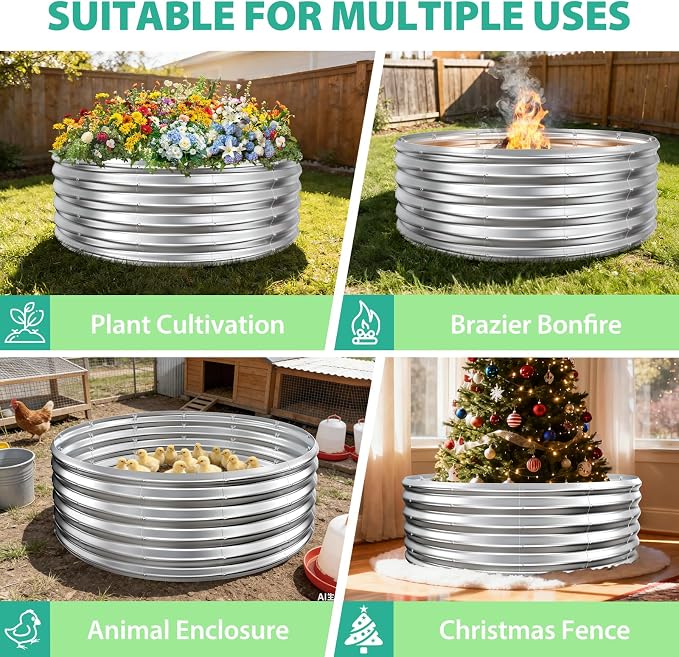 YSEJOMP 17" Tall 48" Diameter Round Raised Garden Bed Kits Outdoor Silver | Heavy Duty,Rustproof,Durable & Stylish,1.5 FT Tall,4FT Planter Bed,0.8MM Thick Galvanized Metal,with Gloves,Tool free