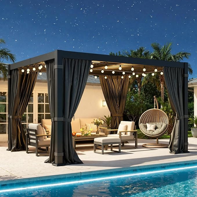 10' x 12' Louvered Pergola, Aluminum Frame Outdoor Pergola with Curtains & Netting, Adjustable Louvered Roof & Integrated Gutter System, Hardtop Patio Gazebo for Backyard, Patio, Garden, Dark Gray