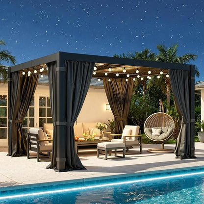 10' x 12' Louvered Pergola, Aluminum Frame Outdoor Pergola with Curtains & Netting, Adjustable Louvered Roof & Integrated Gutter System, Hardtop Patio Gazebo for Backyard, Patio, Garden, Dark Gray