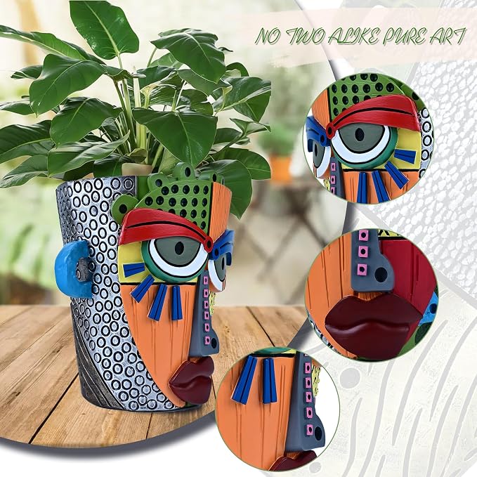 Midogaigai Abstract Face Planter Pots for Plants,Hand-Painted Colorful Flower Pots with Drainage, Indoor Outdoor Garden Decor Gift(Modern,Large)