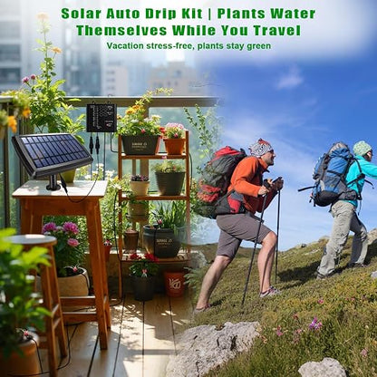 Solar Drip Irrigation System, Auto Watering Kit for 15 Pots, 49FT Hose, Low Water Alarm & Split Solar Panel, One-Button Timer, Self-Watering for Indoor Outdoor Garden Balcony Patio