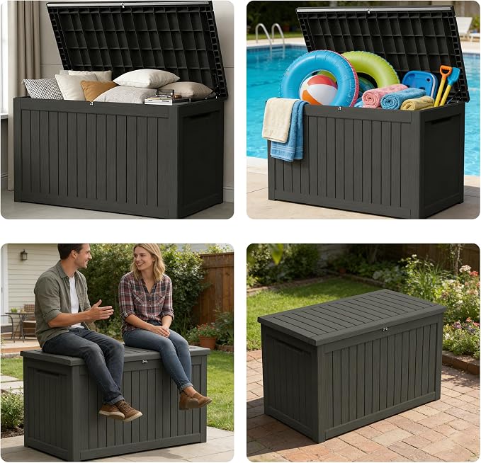 270 Gallon Outdoor Storage Box Resin Deck Box All Weather Waterproof Large Lockable Storage Container Deck Box for Patio Furniture, Garden Tools, Lockable, Black New