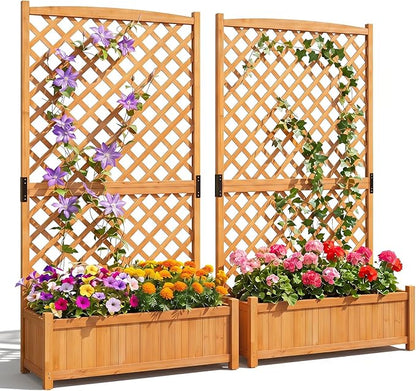 Giantex 2 Pcs Raised Garden Bed with Trellis, 71" Wooden Elevated Planter Box, High Trellis for Plant Flower Climbing Pot Hanging, Indoor & Outdoor Planter Box for Yard, Garden, Balcony