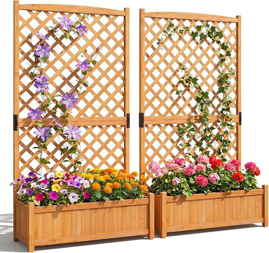 Giantex 2 Pcs Raised Garden Bed with Trellis, 71" Wooden Elevated Planter Box, High Trellis for Plant Flower Climbing Pot Hanging, Indoor & Outdoor Planter Box for Yard, Garden, Balcony