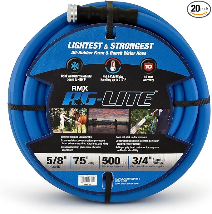 AG-LITE BSAL5875 5/8" x 75'' Hot/Cold Water Rubber Garden Hose, 100% Rubber, Ultra-Light, Super Strong, 500 PSI, 50F to 190F Degrees, High Strength Polyester Braided