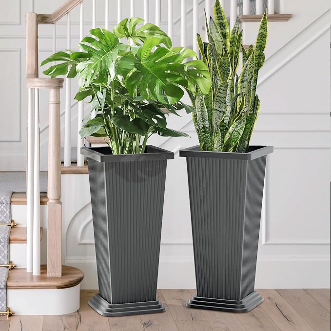 FENCY Set of 2 Tall Planters for Outdoor Plants, Gray Ribbed | 24 Inch, with Drainage Hole & Trays, Plastic Tapered Pots, Weather-Resistant, Front Door Decor