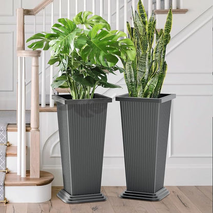 FENCY Set of 2 Tall Planters for Outdoor Plants, Gray Ribbed | 24 Inch, with Drainage Hole & Trays, Plastic Tapered Pots, Weather-Resistant, Front Door Decor