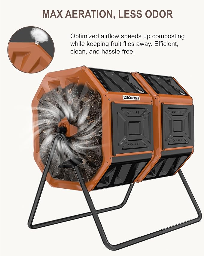 THE Growing 53 Gallon Large Outdoor Compost Bin Tumbler Barrel, Orange | Heavy duty dual 26.5gal sections for bulk yard waste. Reinforced frame adds stability. Easy bolt assembly without washers.