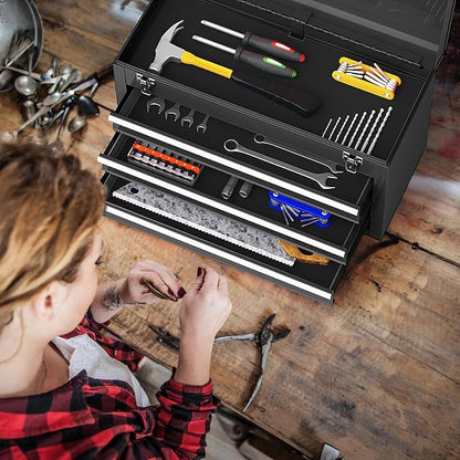 Goplus Tool Box with 3 Drawers, 4-Tier 20.5" Portable Tool Chest Organizer with Top Tool Tray, Auto Lock, Protective Liner, Handle, Steel Metal Small Toolbox for Gargae, Workshop, Home