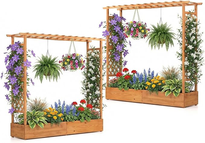 HAPPYGRILL Raised Garden Bed with Trellis, Freestanding Wood Planter Box w/Hanging Roof & Drainage Holes for Vine, Climbing Plants, Flowers, Outdoor Planter with Trellis for Garden, Patio, Yard (2)