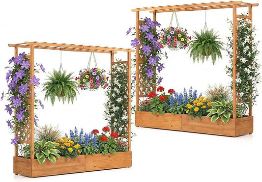HAPPYGRILL Raised Garden Bed with Trellis, Freestanding Wood Planter Box w/Hanging Roof & Drainage Holes for Vine, Climbing Plants, Flowers, Outdoor Planter with Trellis for Garden, Patio, Yard (2)