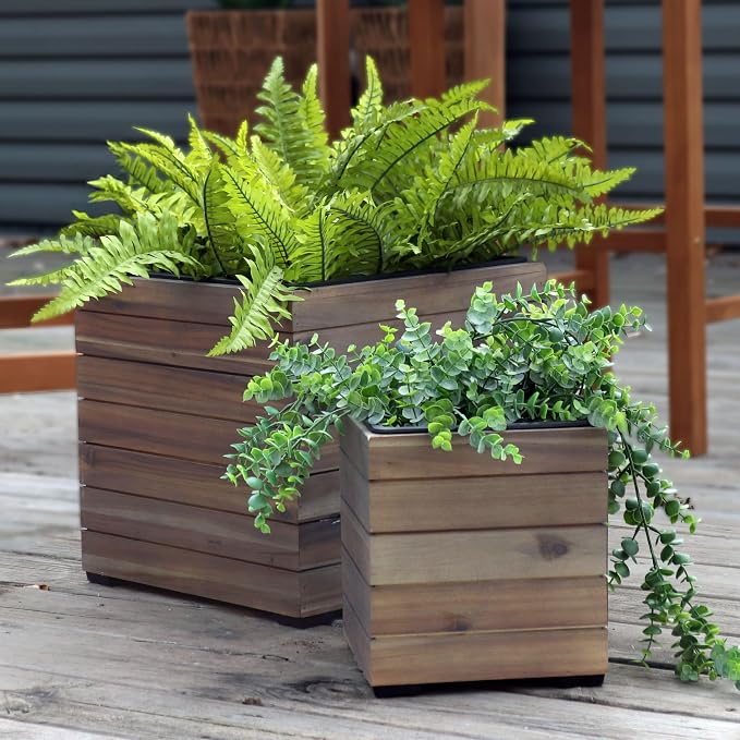 Sunnydaze Outdoor Wooden Planter Boxes - 2 Acacia Wood Square Plant Pots with Removable Liners - Anthracite Stain