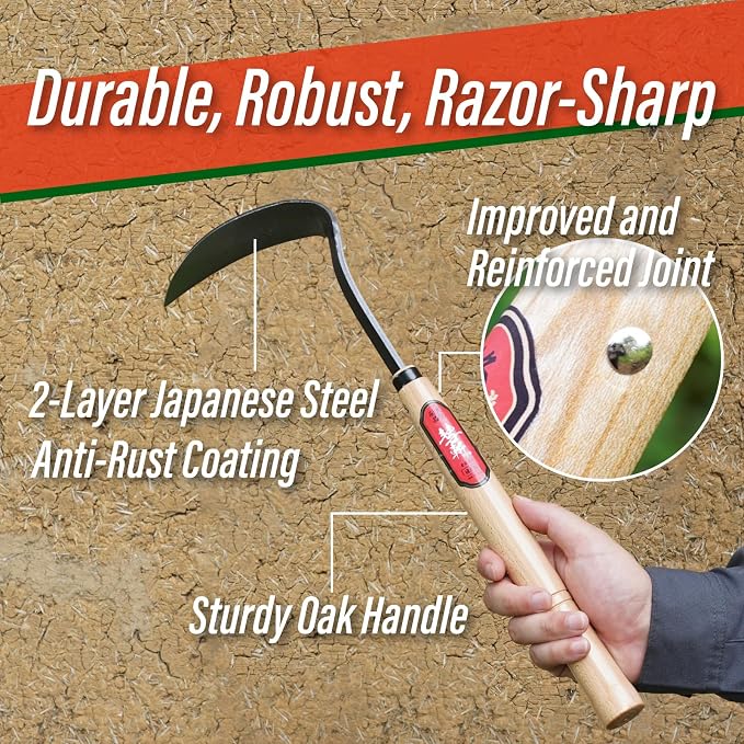 SUIZAN Nejiri Kama 2-in-1 Weeding Sickle 15.8" – Twist Blade for Root Removal & Crescent Blade for Grass Cutting – Japanese Garden Tool for Lawn & Yard