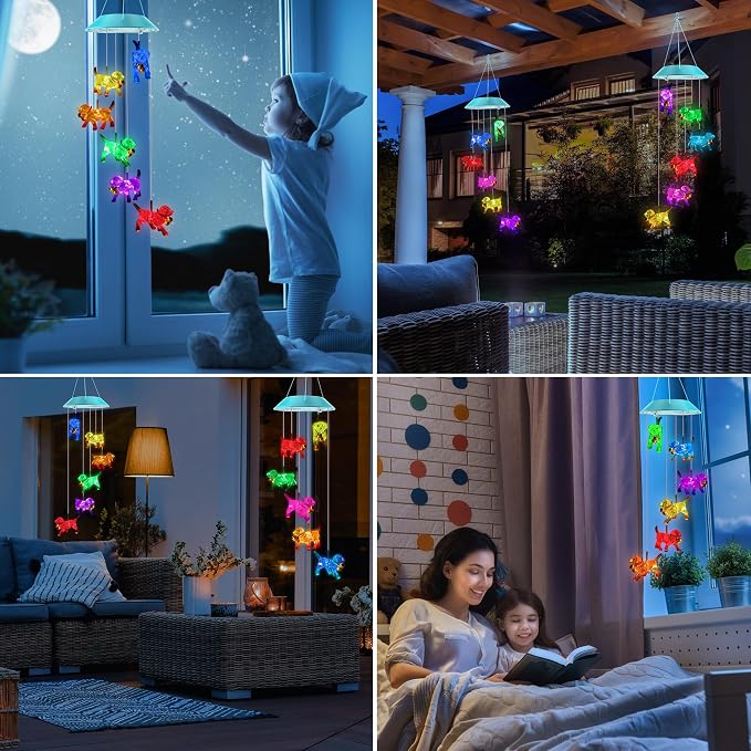 Solar Dog Gift for Mom Girls, Color Changing Solar Wind Chimes for Outside, Outdoor Decorative Mobile Lights for Garden, Yard, Patio, Window, Party Decorations, Gift for Women