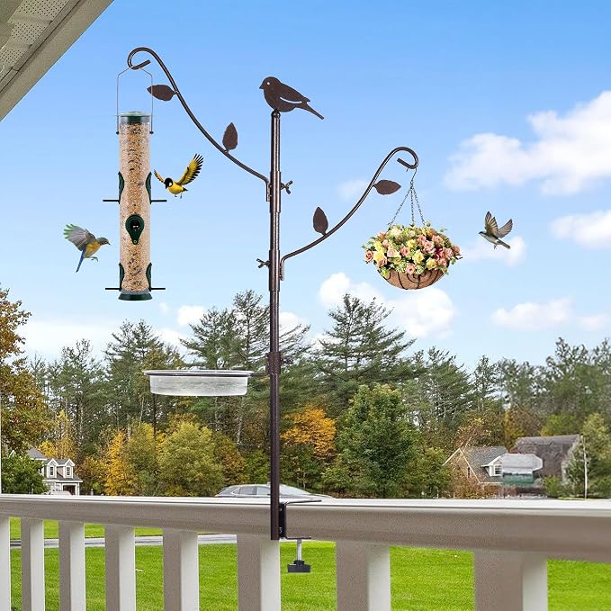 YINGYM Deck Bird Feeder Pole Porch Multi-Hooks Hanging Kit for Outside with Two Adjustable Branches, Water Bowl, Bird Feeder Planter Hanger