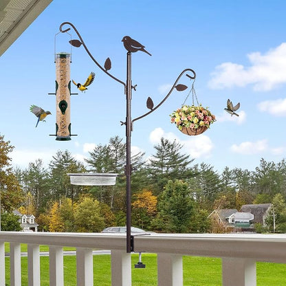 YINGYM Deck Bird Feeder Pole Porch Multi-Hooks Hanging Kit for Outside with Two Adjustable Branches, Water Bowl, Bird Feeder Planter Hanger
