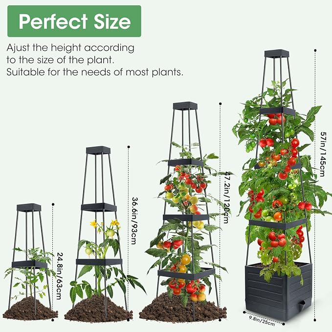 MQUPIN Tomato Planter Box with Trellis for Garden, 57 Inch Self-Watering Raised Garden Bed, Patio Tomato Cage for Climbing Vegetables & Flowers, Upgraded Tomato Pot for Indoor Outdoor Use (4 Pack)