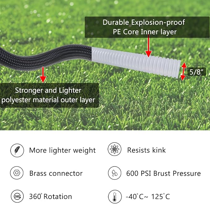 HQMPC Garden Hose 5/8"IDx30' Hose Stiff And Rigid Light Weight Durable Non Kinking Water Hose For Garden Lawn Waterring Female Brass Hose Fittings 30 FEET Black(Leight weigh arround 1 kgs)