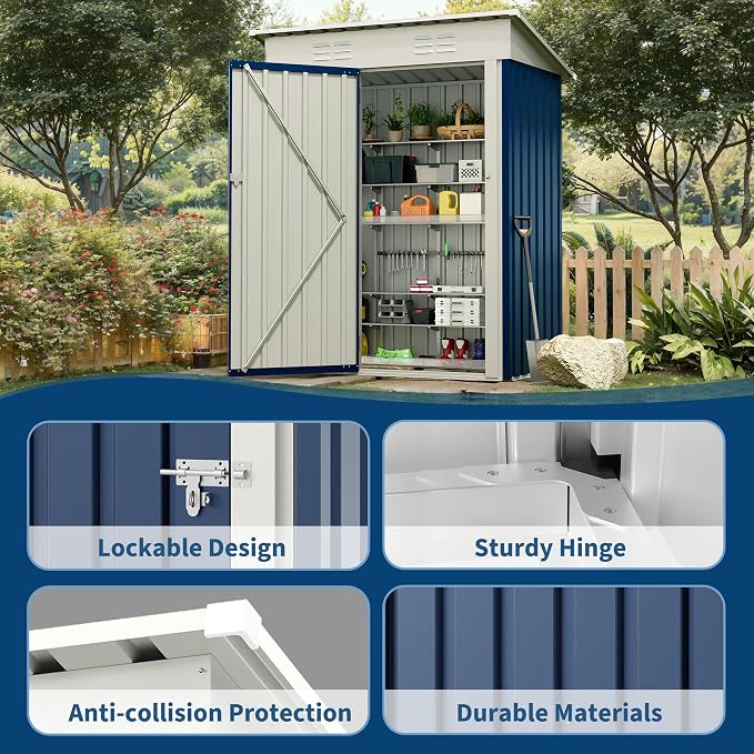 5x3 FT Outdoor Storage Shed, Tool Shed with Sloping Roof and Lockable Door, Compact Metal Tool Garden Shed for Garden, Backyard, Patio