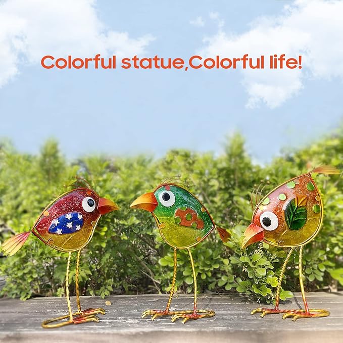 LEGIFO Garden Decor for Outside,Funny Metal & Glass Bird Decor for Indoor & Outdoor Set of 3,Yard Art Decor,Garden Art Statues Decorations,Colorful and Patriotic