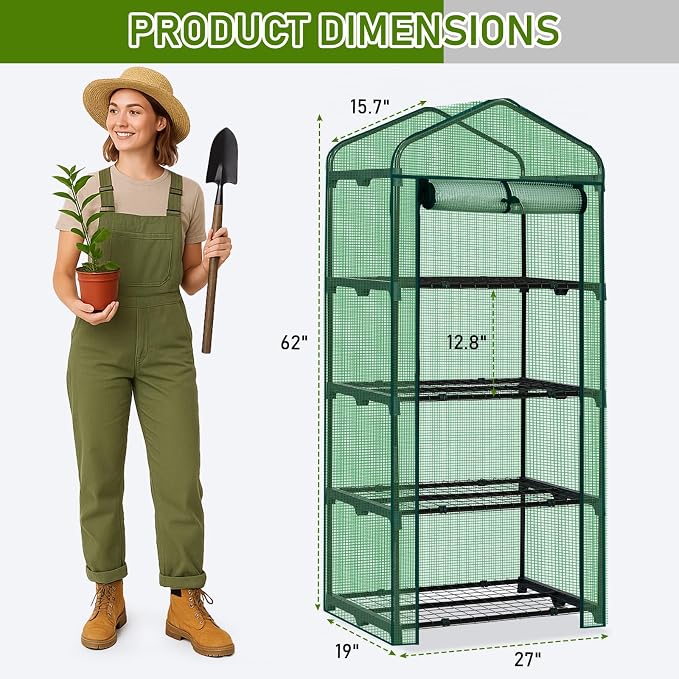 Outvita Mini Greenhouse, Small PE Plant Green House with 4 Tiers Rack, Shelf Clips, Roll-up Zipper Door, Gardening Supplies for Indoor Outdoor Seedling Frost Protection , 27"x19.6"x63" Green