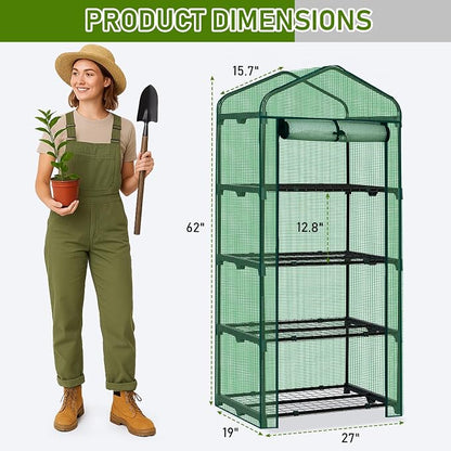 Outvita Mini Greenhouse, Small PE Plant Green House with 4 Tiers Rack, Shelf Clips, Roll-up Zipper Door, Gardening Supplies for Indoor Outdoor Seedling Frost Protection , 27"x19.6"x63" Green