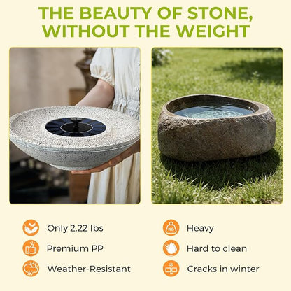 Solar Fountain Bird Bath of Outside Faux Rock Granite Look 12.5" Tabletop Water Bowl with 6 Nozzles Bird Bath Bubbler for Hummingbird Wild Birds Outdoors Garden Patio Lawn