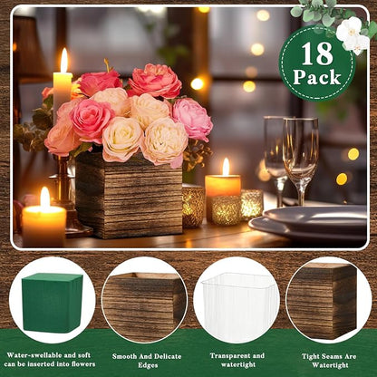 Dandat 18 Set Wood Cube Planter Box Square Wood Vase Rustic Cube Planter Box with Removable Plastic Liner Floral Foam Blocks for Centerpieces Home Wedding Garden Decor, Country Style (Brown)