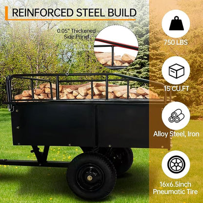 GarveeTech 750LBS Heavy Duty ATV Trailer Tow Behind Steel Dump Cart, 15 Cu. Ft Garden Utility Trailer with Removable Sides & Rear Hitch for Riding Lawn Mower Tractor, Black