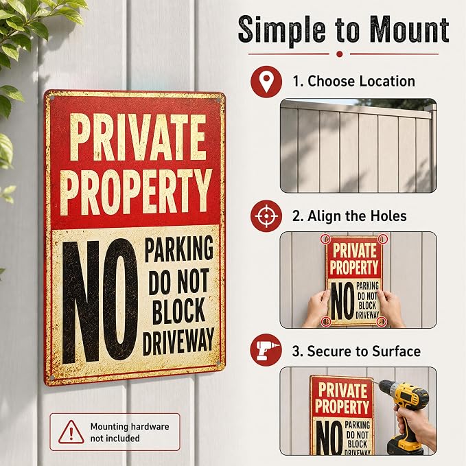 Private Property Tin Sign, 12 x 8 Inch No Parking Aluminum Metal Wall Decor, Do Not Block Driveway Notice Sign for Garage, Gate, Fence, Carport