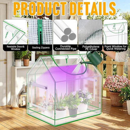 [CareForge] Mini Greenhouse Indoor with Grow Light & PE Bottom Mat, 27.5x19.6x27.1 Tabletop Greenhouse for Seed Starting, Portable Small Greenhouse for Outdoors, Multi-Window & 4 304 SS Labels
