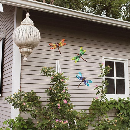 YNGFIL Dragonfly Wall Art Decor, Metal Indoor Outdoor Fence Outside Hanging Decorations for Living Room Bedroom, 9 Inch 3 Pack, Hand-made Vibrant Ornament Sculpture for Patio Balcony