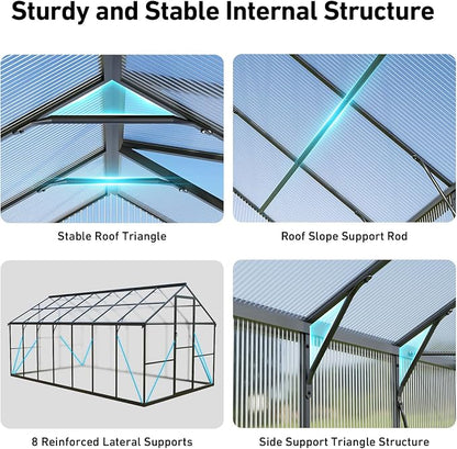 8x14FT Walk-in Greenhouse with Hygrometer,Polycarbonate Green House with UV Protection, Heavy Duty Greenhouse with Windproof Aluminum Frame, Roof Vent & Quick-Install Design
