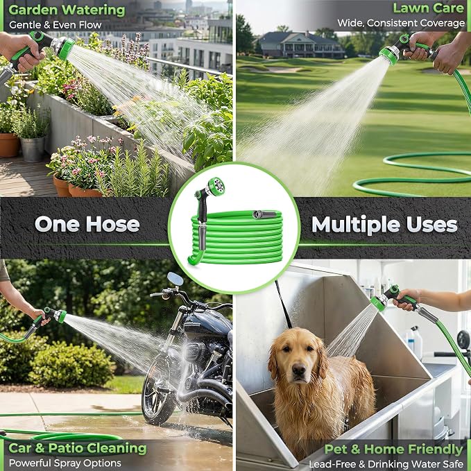 Garden Hose 50 Ft With 8-Pattern Spray Nozzle, 5/8" Lead-Free Water Hose | Flexible Hose, 3/4" Anodized Aircraft-Grade Aluminum Interface, Lightweight Kink-Resistant Water Pipe For Lawn, Yard, Outdoor