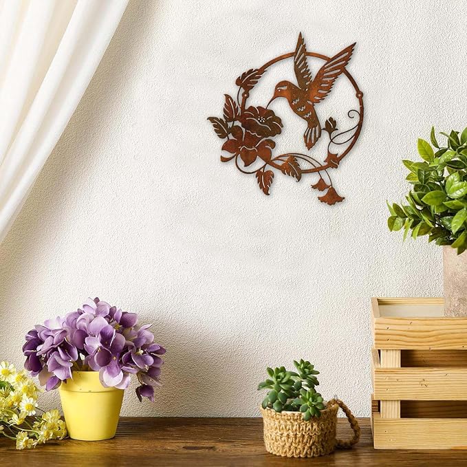 Zoihet Round Metal Bird Wall Art Decor - Hummingbird Wall Art Silhouette for your patio, garden, and fence Art Decor, Bird Wall Silhouette Indoor and Outdoor Hanging (Brown)