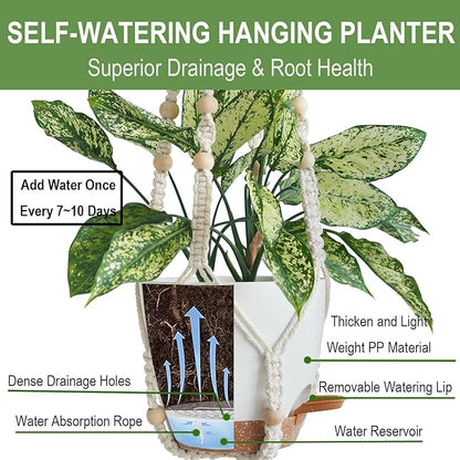 Bouqlife 3 Pack 10/8/7 Inch Hanging Planters for Indoor Plants with Self-Watering Hanging Pots with Drainage, 3 Different Size Macrame Plant Hangers with Hooks White Large