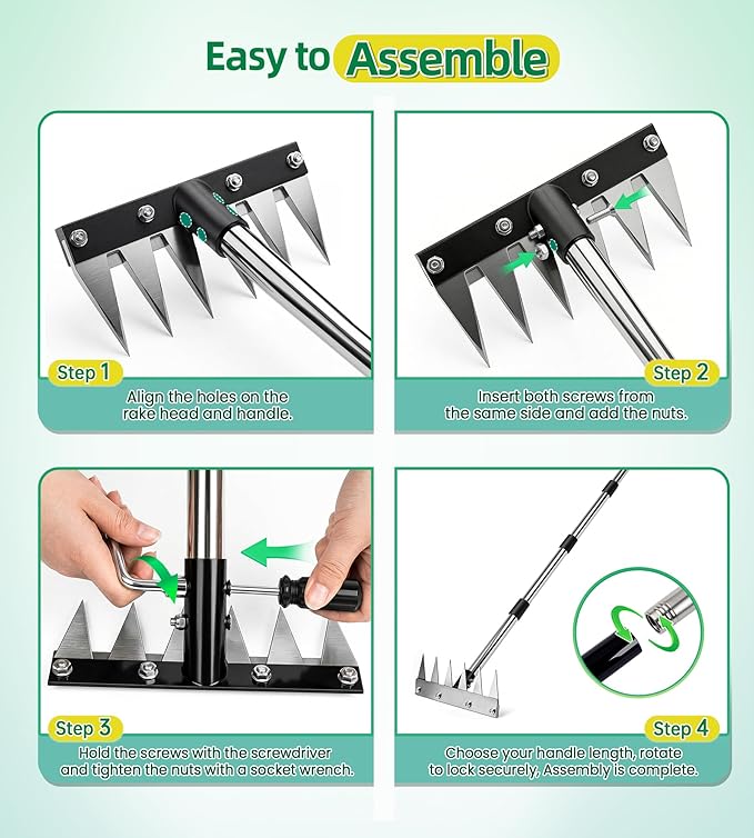 Weed Rake Tool for Garden, 2.0 Upgraded Heavy Duty Iron Weed Puller Tool with 71" Adjustable Long Handle, 6 Teeth Garden Rake Manual Weed Remover for Lawn, Yard, Garden | Heavy Duty, 71" Adjustable Long Handle