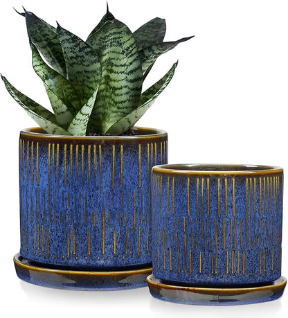 GnFlus Ceramic Plant Pots with Drainage Holes, Set of 2, 4.3+5.1 Inch Stripe Garden Planter Pots for Outdoor Indoor Plants Flower, Round Succulent Orchid Flower Pot Blue