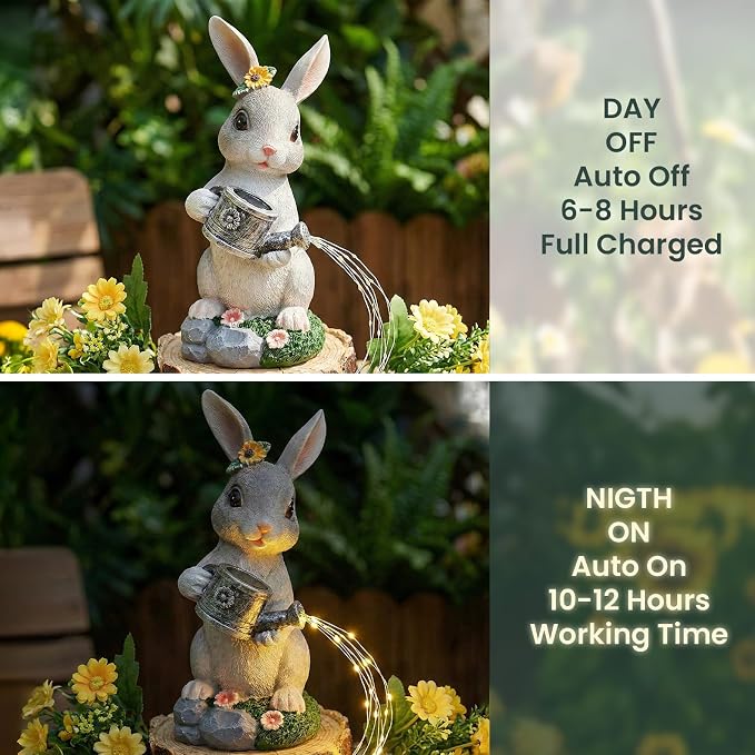 Solar Rabbit Garden Statues Outdoor Decor, Resin Rabbit Figurine Decorations with Solar Watering Can Light, Whimsical Bunny Sculpture for Garden Patio, Balcony, Yard, Lawn Ornament