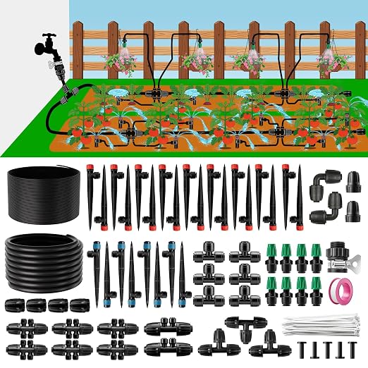 LP 240FT Drip Irrigation System Kit, Garden Watering Misting System - 40FT 1/2" Main Tube & 200FT 1/4" Distribution Tubing - Adjustable Nozzles & Sprinklers for Garden Greenhouse, Lawn, Potted Plants