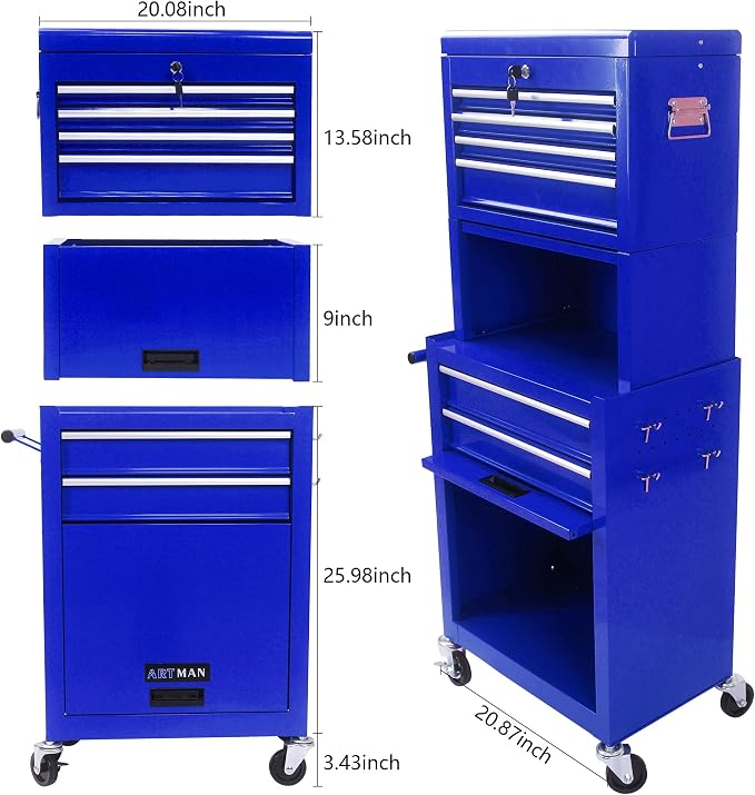 6-Drawer Tool Chest, Detachable Top Box for Garage, Blue | Rolling Mobile Storage Cabinet Organizer with Lockable Wheels for Workshop Utility, Heavy Duty Metal Construction