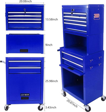 6-Drawer Tool Chest, Detachable Top Box for Garage, Blue | Rolling Mobile Storage Cabinet Organizer with Lockable Wheels for Workshop Utility, Heavy Duty Metal Construction