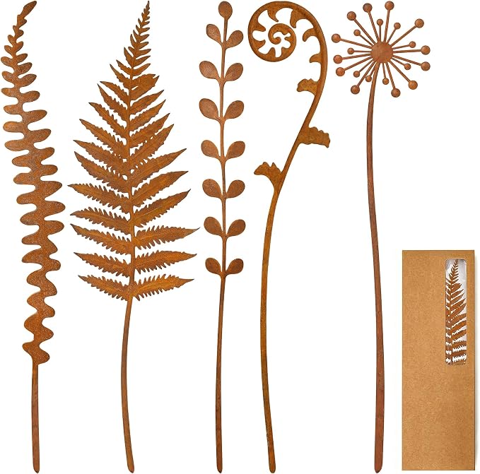 VIS'V Decorative Garden Stakes, Metal Fern Plant Yard Art Stakes, 5 Pcs | 15.7 In Length, Pre-rusted Finish, Rusty Art Decor for Outdoor Indoor