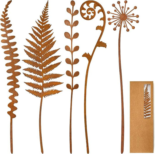 VIS'V Decorative Garden Stakes, Metal Fern Plant Yard Art Stakes, 5 Pcs | 15.7 In Length, Pre-rusted Finish, Rusty Art Decor for Outdoor Indoor