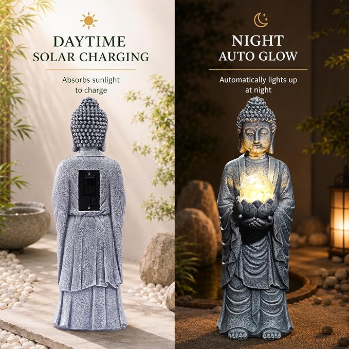 Goodeco Buddha Statue with Solar Lotus – 18.2 Inch Tall Large Garden Buddha Statue for Outside, Outdoor Zen Garden Statues