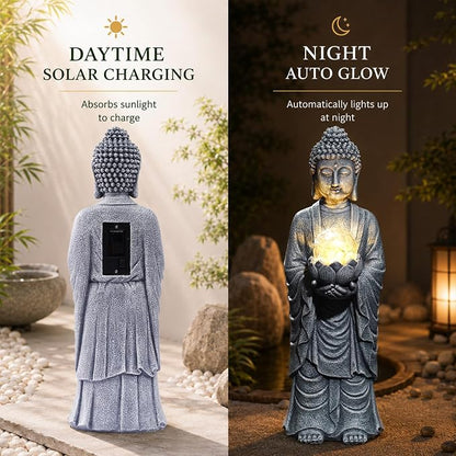 Goodeco Buddha Statue with Solar Lotus – 18.2 Inch Tall Large Garden Buddha Statue for Outside, Outdoor Zen Garden Statues