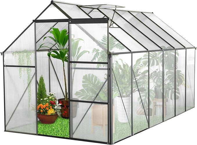 6x12 FT Polycarbonate Greenhouse with Raised Base and Anchor Aluminum,Heavy Duty Walk-in Green Houses,w/ Drainage System & Adjustable Roof/Sliding Door,for Outdoor Backyard,Black