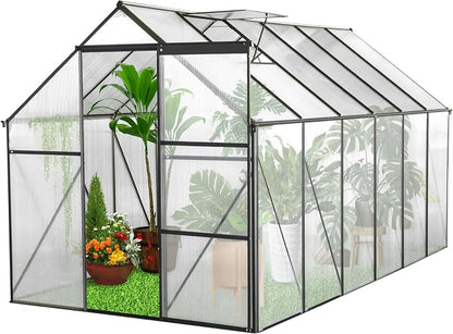 6x12 FT Polycarbonate Greenhouse with Raised Base and Anchor Aluminum,Heavy Duty Walk-in Green Houses,w/ Drainage System & Adjustable Roof/Sliding Door,for Outdoor Backyard,Black